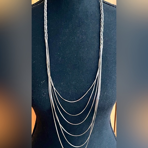 Elegant Gunmetal Multi-Layer Necklace Braided Chain Liquid Silver 6 Strands VTG - Picture 10 of 11